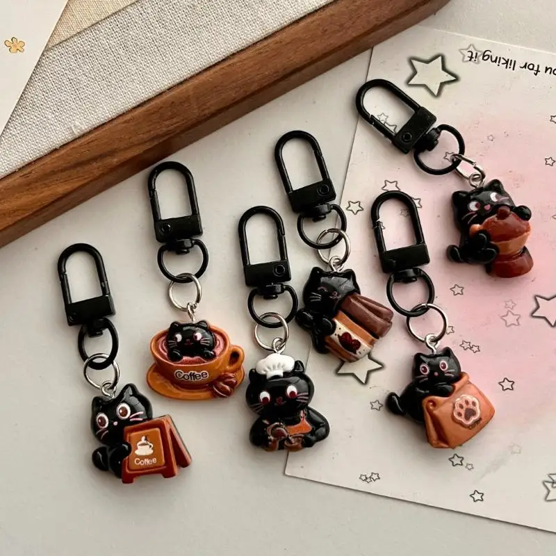 

6Pcs Cute Chocolate Coffee Bag Charm Pendant Couples Backpack Purse Decoration Cartoon Black Cat Keychain For Women Gift