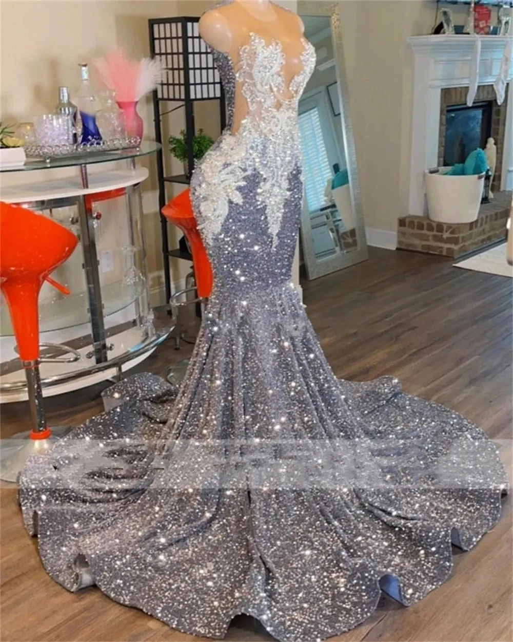 Shinning Grey Sequin Mermaid Prom Dresses 2025 Luxury O Neck Lace Appliques Birthday Party Gowns Customized Robe De Soriee