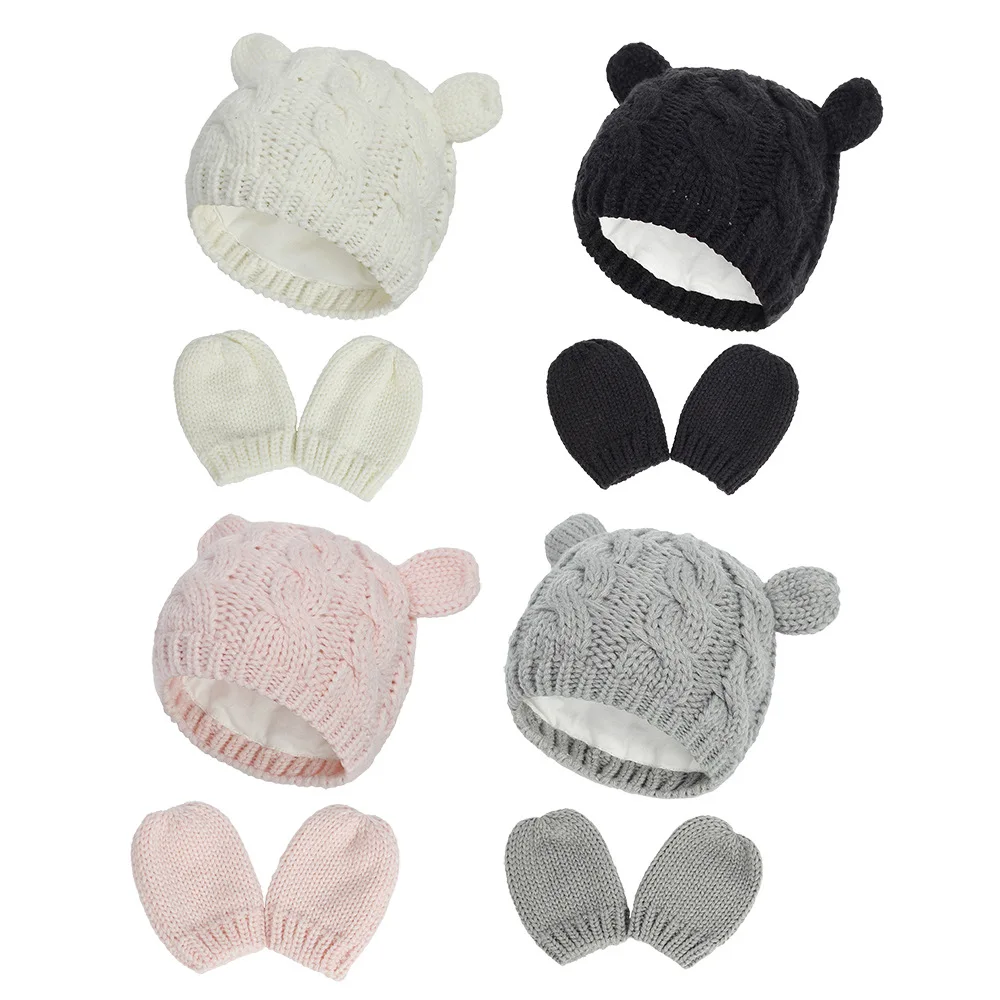 2 PCS Baby Kids Girls Boys Winter Warm Knitted Cotton Hat 2025 New Cute Glove Lovely Beanie Cap Set 0-18 Month