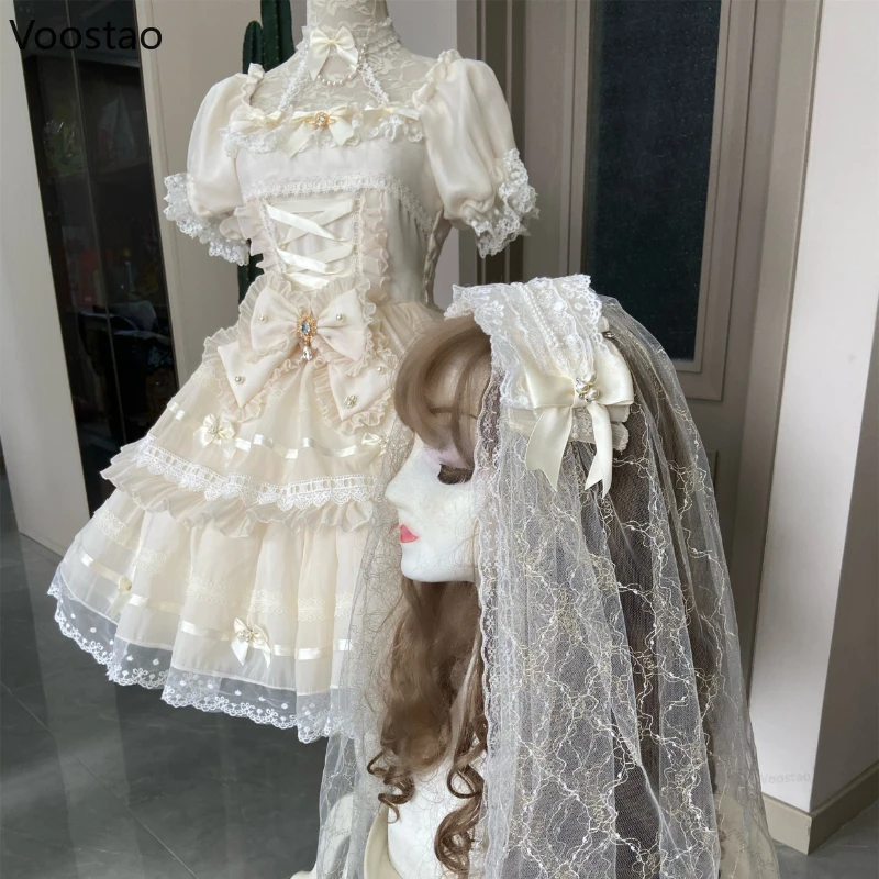 Feminino Japonês Doce Vestido Lolita Kawaii, Vestido Princesa Vintage, Festa à noite, Vestidos de Casamento, Meninas Laço, Roupas Elegantes