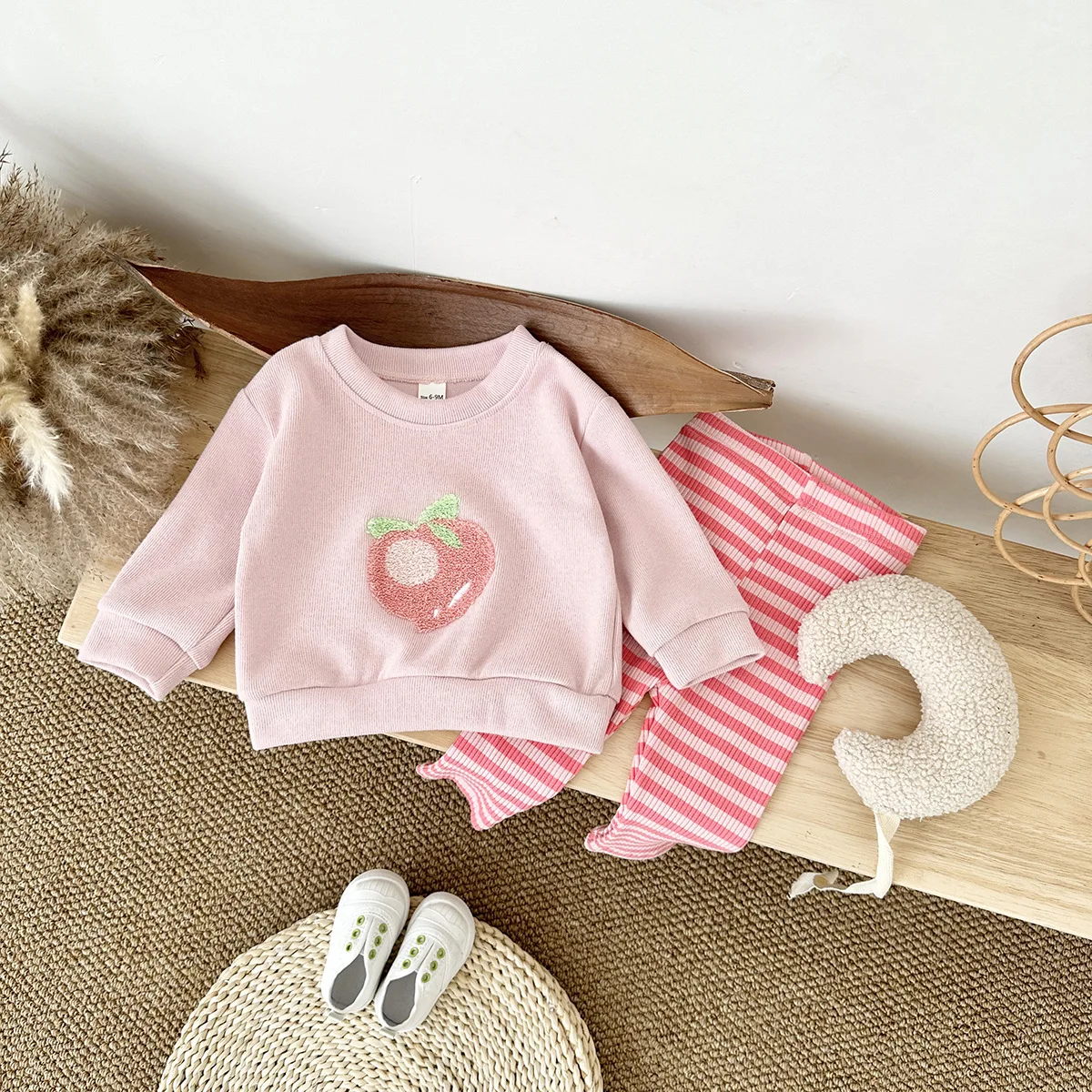 Autumn Newborn Long-Sleeve Two-Piece Set Baby Fruit Embroidered Top Knit Striped Pants Versatile Outfit