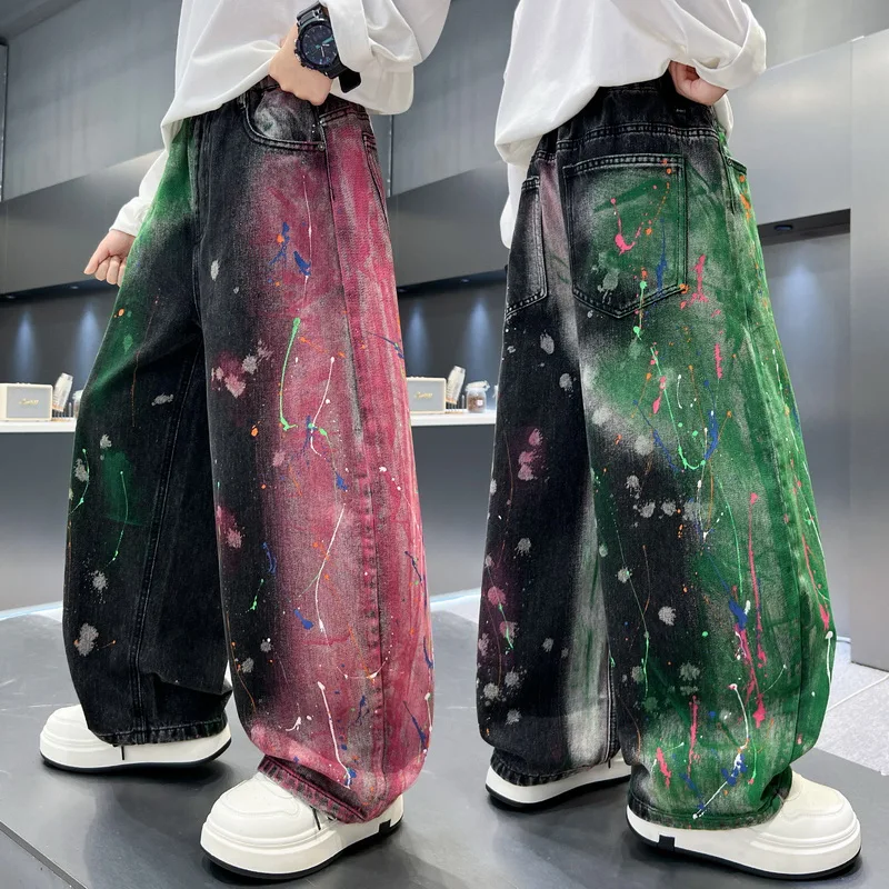 Herbstliche Kinder-Mode: Graffiti-Baggy-Jeans für Jungen, Trendige Street-Denim-Hosen, Kinder-Teenager-Jeans mit Farbspritzern und weitem Bein