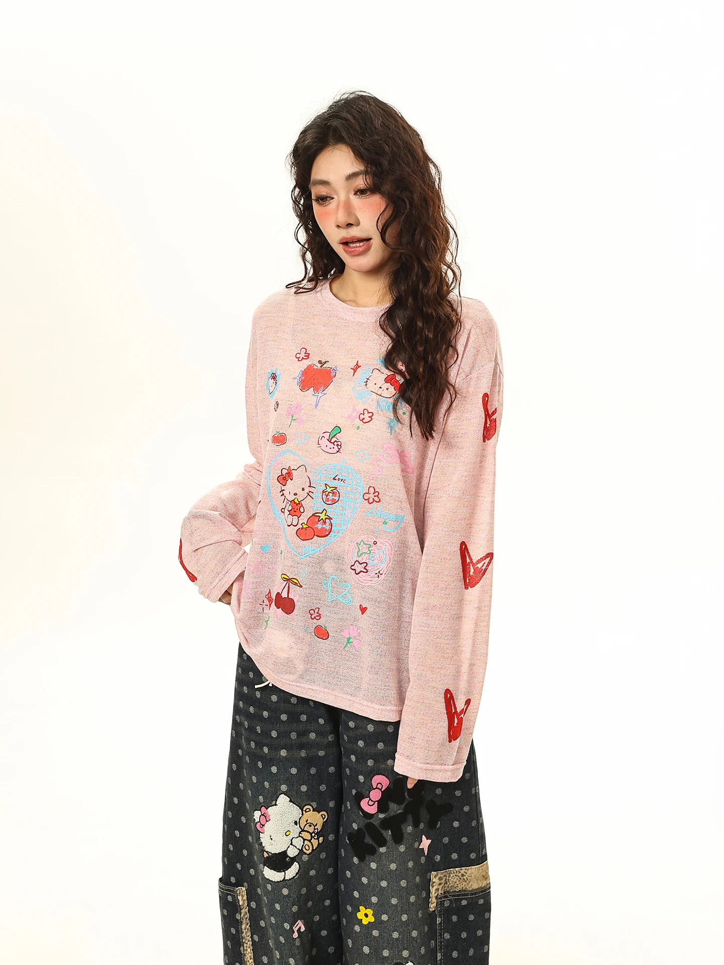 

Sweet Sle American Retro KT Heart Print round Ne Long Sve T-irt Women's Spring Thin Loose Cover up Cool Top