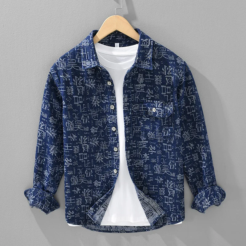 

Retro Chinese Surnames Denim Shirt Long Sleeve Men Casual Collar Relaxed Fit Youth Trend Cotton Polyester Blend Workwear Jacket
