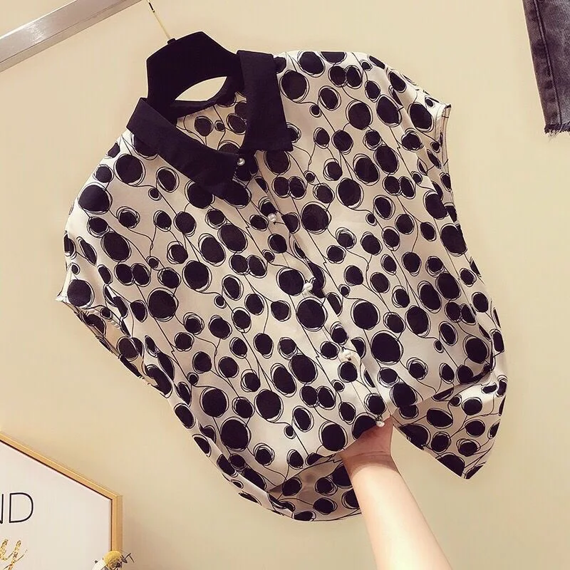 Woman Summer Style Blouses Tops Lady Casual Short Batwing Sleeve Peter Pan Collar Polka Dot Printed Blusas Tops ZZ1392