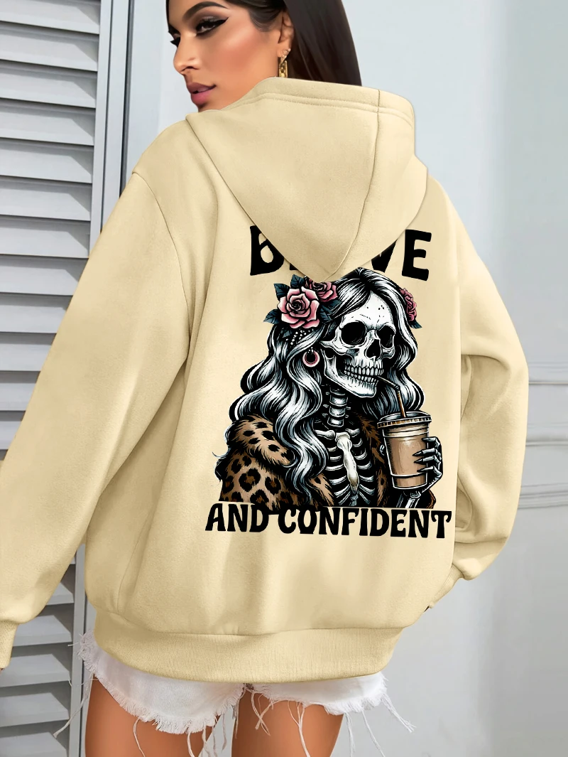

Женская толстовка с принтом «Храбрый уверенный кофейный череп», свободные осенние толстовки, флисовая уличная одежда для бега, карманная унисекс, толстовка Y2K