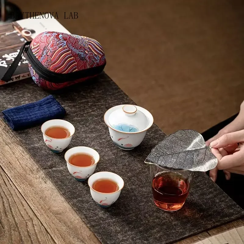 Ceramic Travel Kung Fu Tea Set Teaware Bag 1 Teapot 3 Porcelain Teacups Glass Pot with Cup Gaiwan Business Gift
