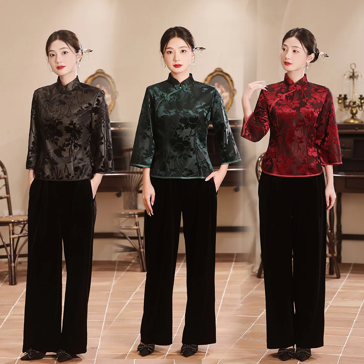 Novelty Fashion Tang Suit Shirt Chinese Classic Cheongsam Tops Vinatge Women Velour Jacquard Evening Party Blouse Plus Size 5XL