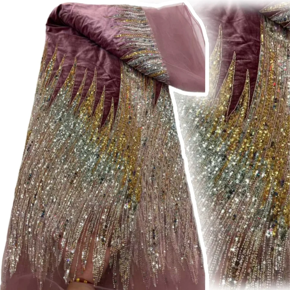 

Africa Nigeria Sequins Lace Fabric 2025 High Quality 5 Yards Burnt Orange Beaded Embroidery French Mesh Fabric for Sewing CC1395