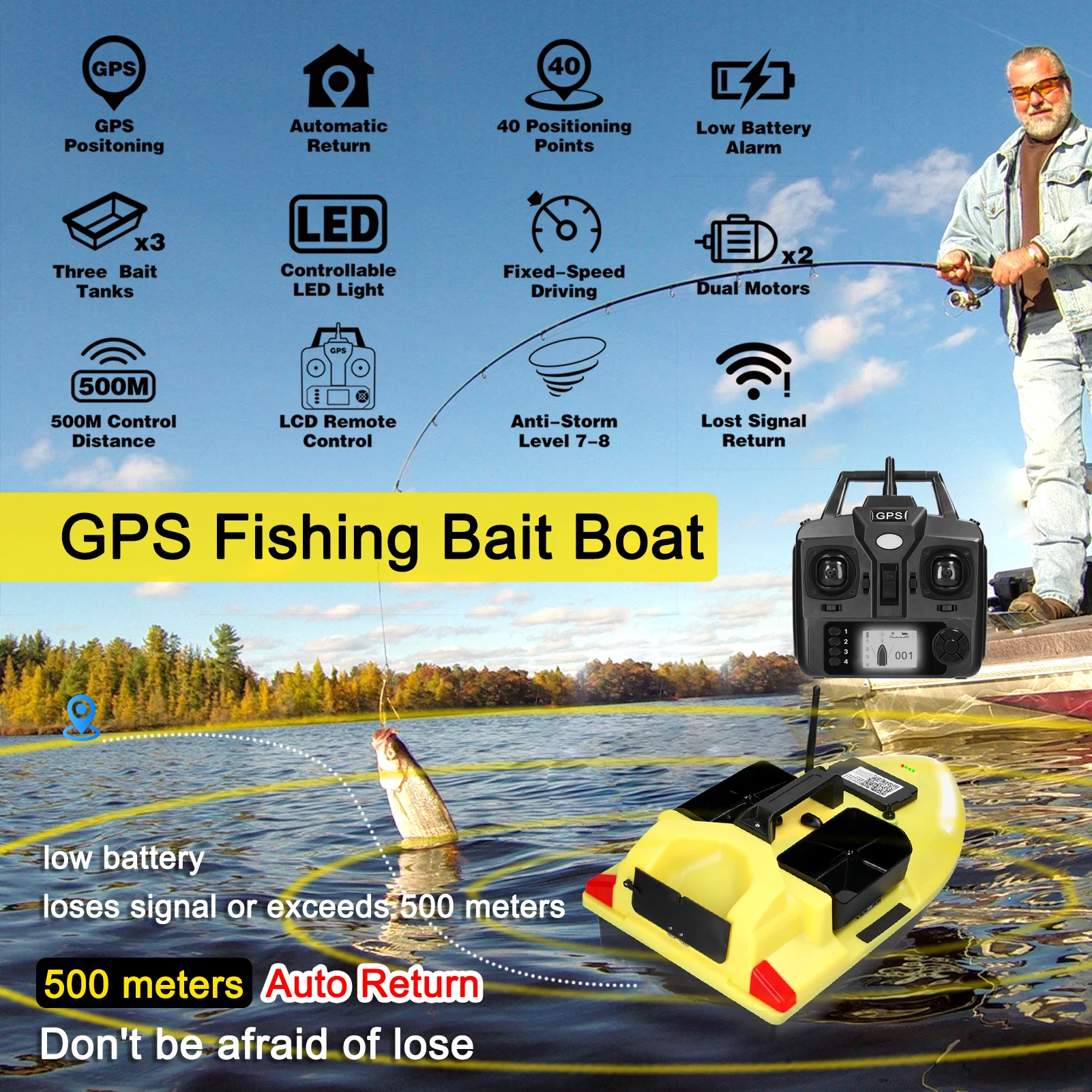 V020 GPS Fishing Bait Boat 500m Remote Control Bait Boat Dual Motor Fish Finder Support Automatic Cruise/Return/Route Correction