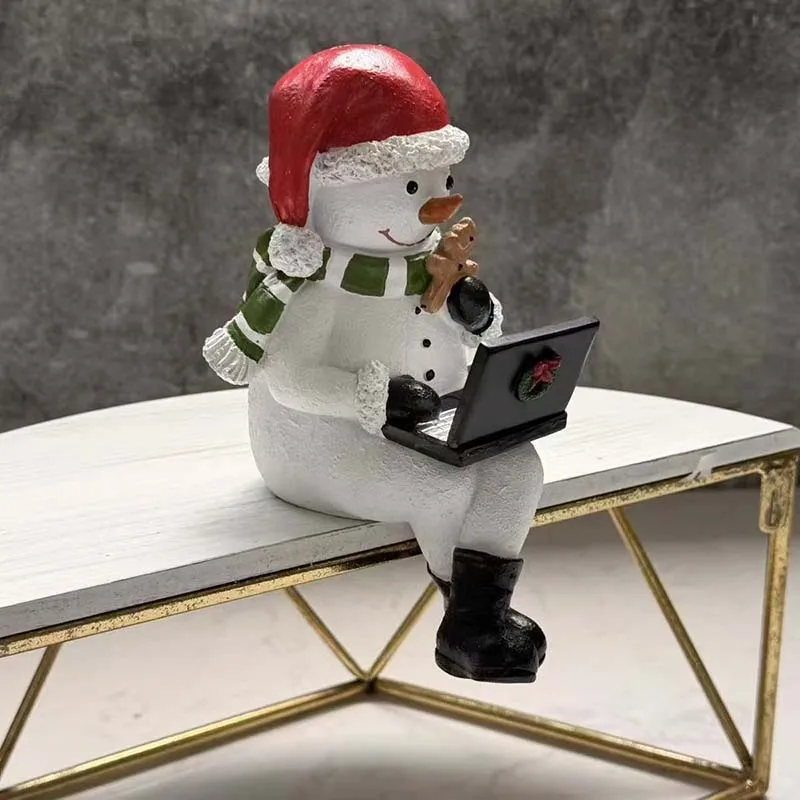 20cm Sitting Snowman Figurine Christmas Shelf Sitter Snowman with Santa Hat Laptop Statue Tabletop Xmas Decoration Gift