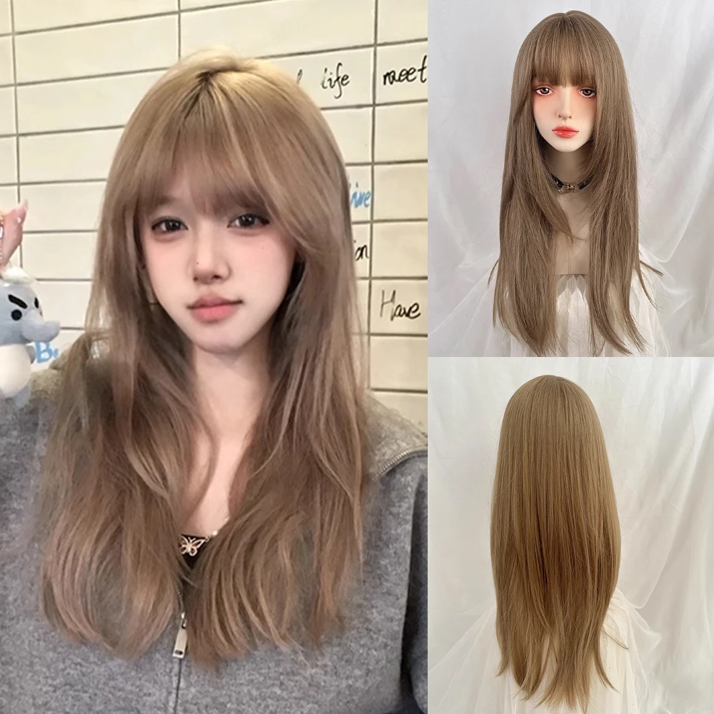 

Коричневые длинные прямые синтетические парики с челкой, пушистые женские термостойкие парики Лолиты для косплея для повседневной вечеринки