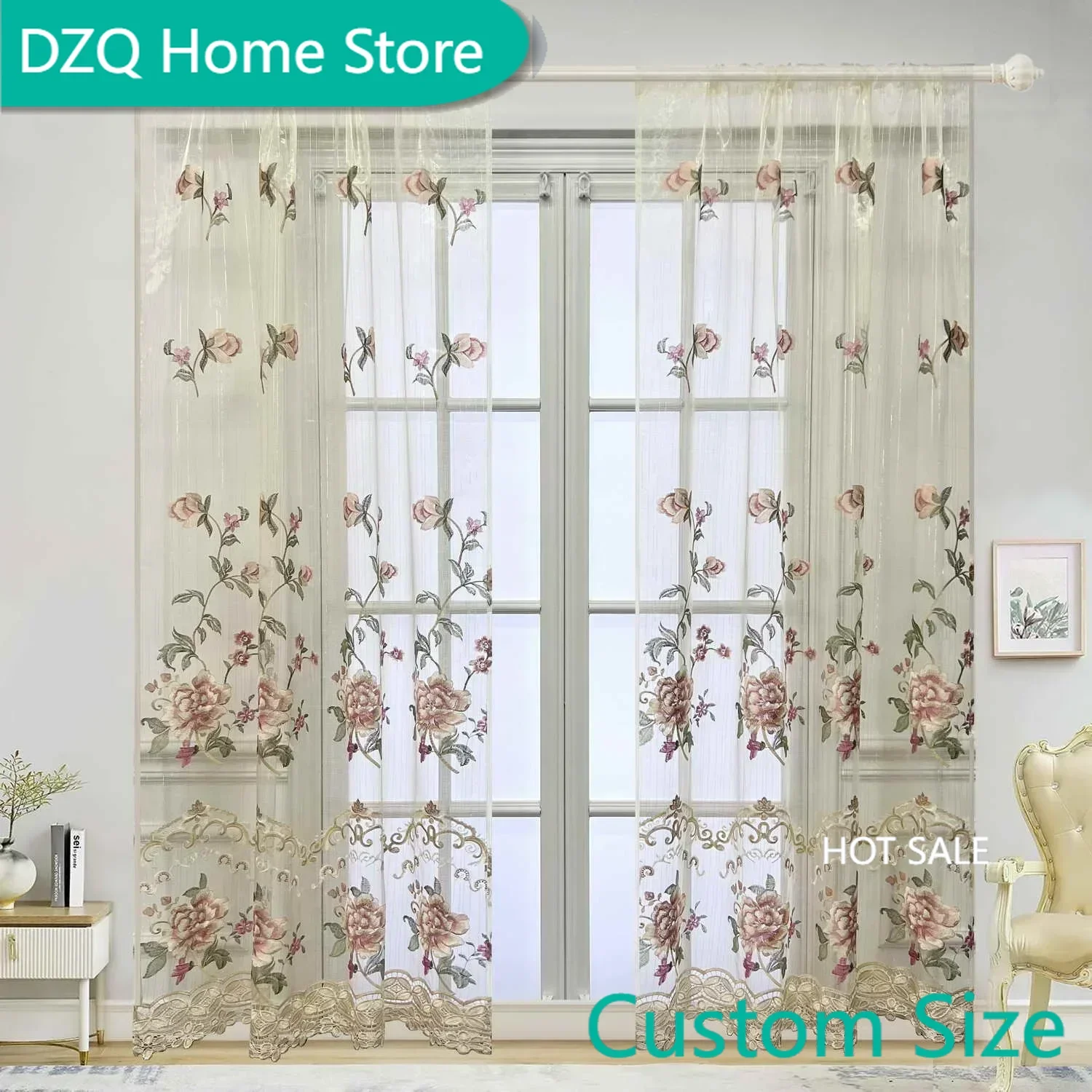 

Rustic European Luxury Shiny Gold Thread Embroidery Floral Sheer Curtains for LivingRoom Bedroom Window Treatment Rod Pocket Top