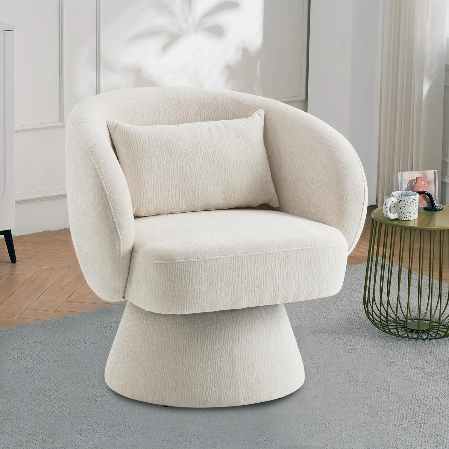 360° Swivel Velvet Barrel Chair with Pillow, Upholstered Single Sofa for Living Room Bedroom Office, Ivory, Customized