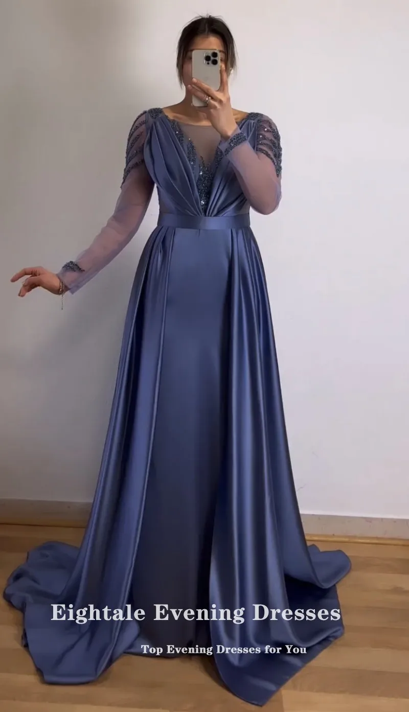 Eightale Blue Evening Dress for Wedding Party Beaded O-Neck Customized Long Sleeves Mermaid Prom Gowns