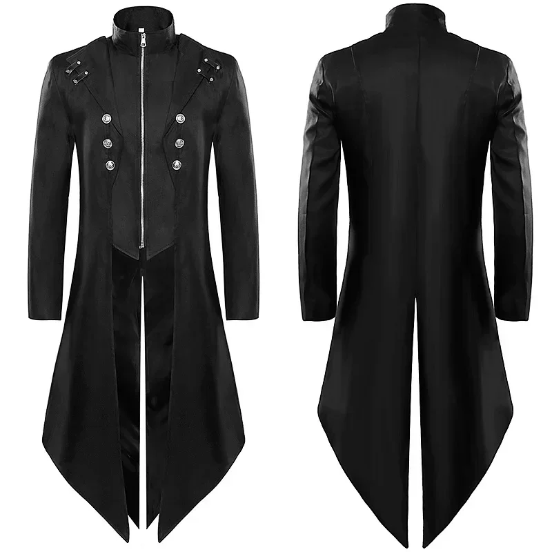 Men's Medieval Vintage Clothing Mid Length Punk Vintage Tuxedo Halloween Medieval Cosplay Stand Collar Jacket New Men's Dress