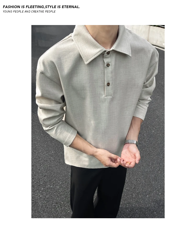 Minimalistisches Streetwear-Langarm-Poloshirt für Herren mit Reverskragen, meliertem Slub-Muster und weichem Material für alltägliche Freizeitaktivitäten. – Detail 17