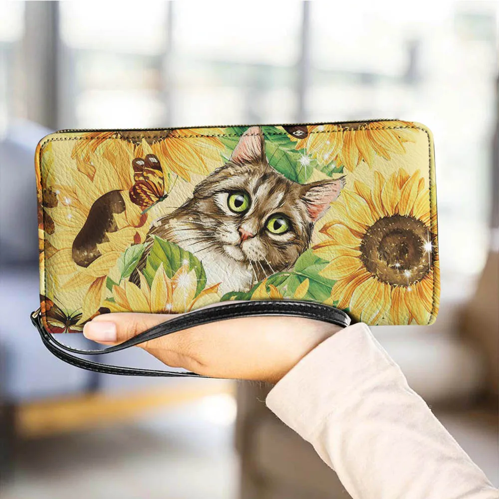 Creative Bull Dog Zipper Sunflower Pirnt Women Wallet With String Leather Money Bag Wristlets Card Passport Holder Cluth Bags