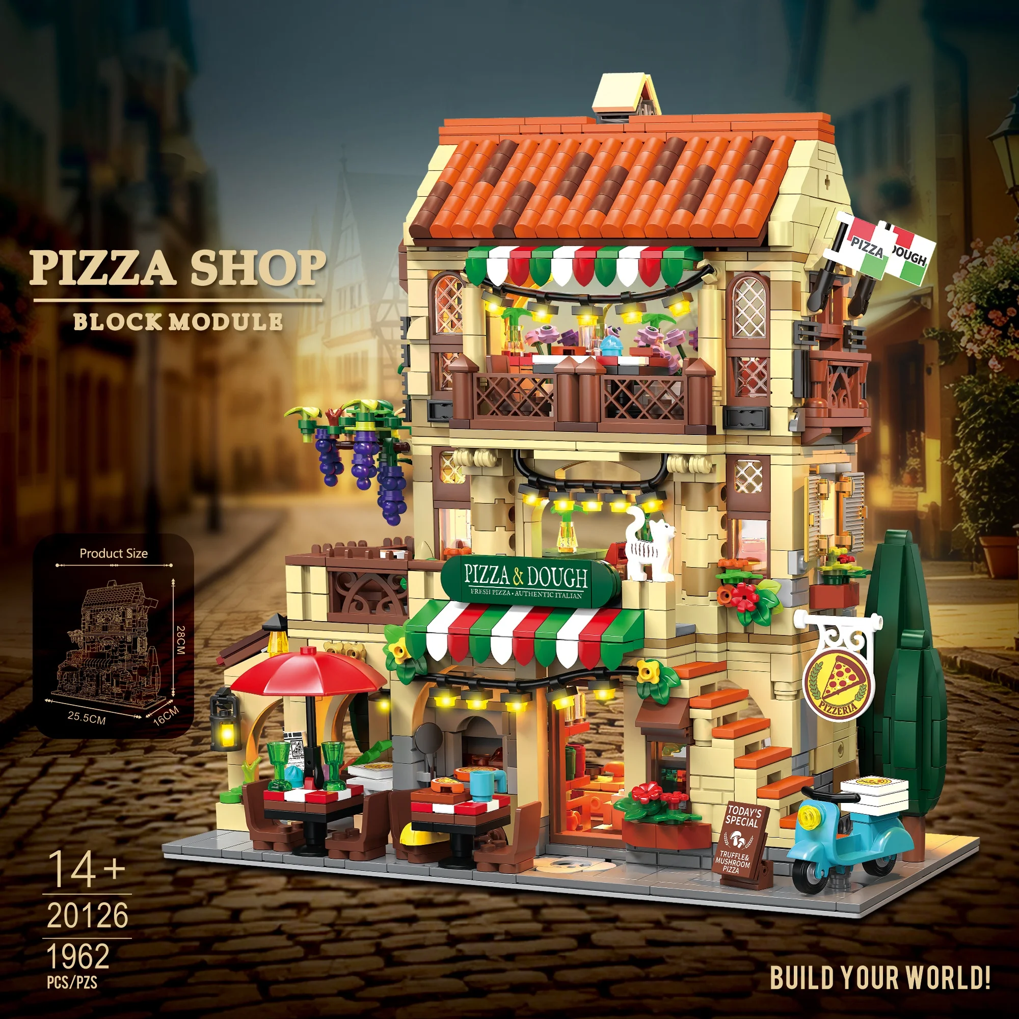 Image of 1962-teiliger Pizza-Laden Baukasten Straßenansicht Kreative Pizzeria-Architektur Modulare Konstruktionsbausteine Spielzeug für Erwachsene Geschenke