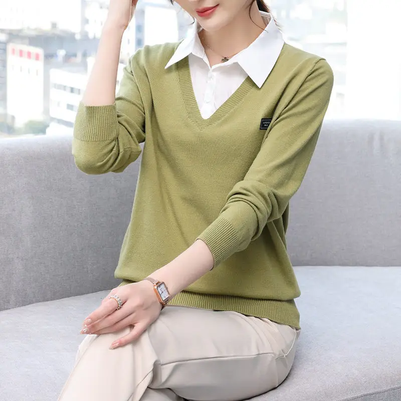 Women\'s Fake Two Pieces Polo-Neck Solid Color Sweaters Autumn Winter Office Lady Fashion All-match Long Sleeve Spliced Jumpers