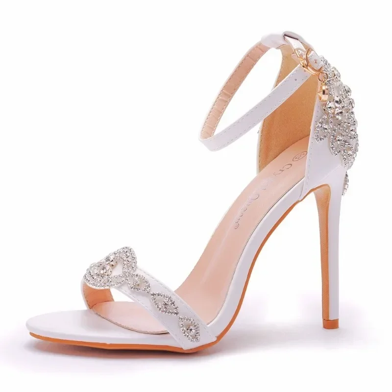 Pumps Women Heeled Sandals Summer Rhinestone Buckle Strap PU 5CM Thin Heels Dance Female Korean Style Women Shoes White