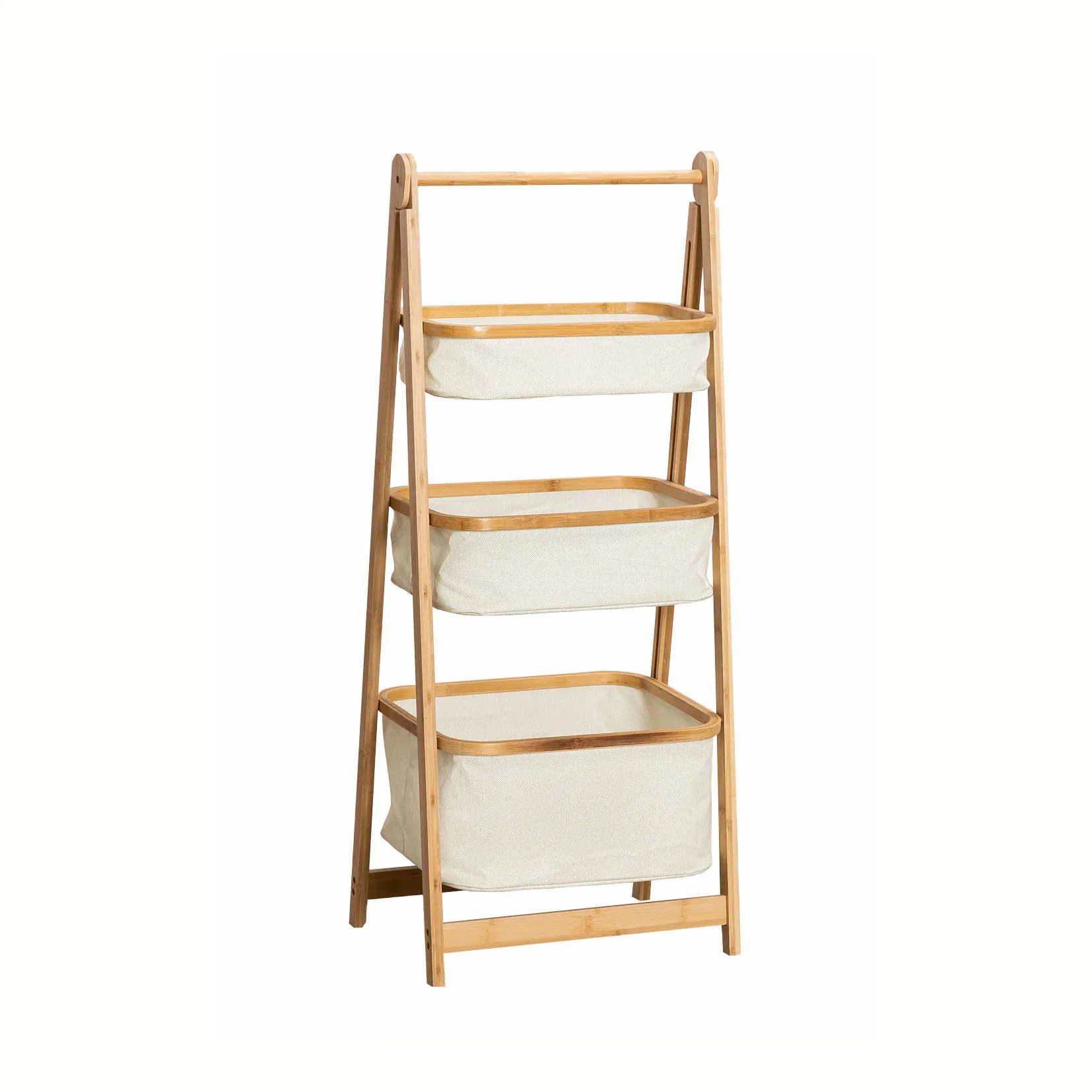 Cheap 3 Tier Laundry Storage Basket Rack foldable Bamboo  Hamper with Fabric 