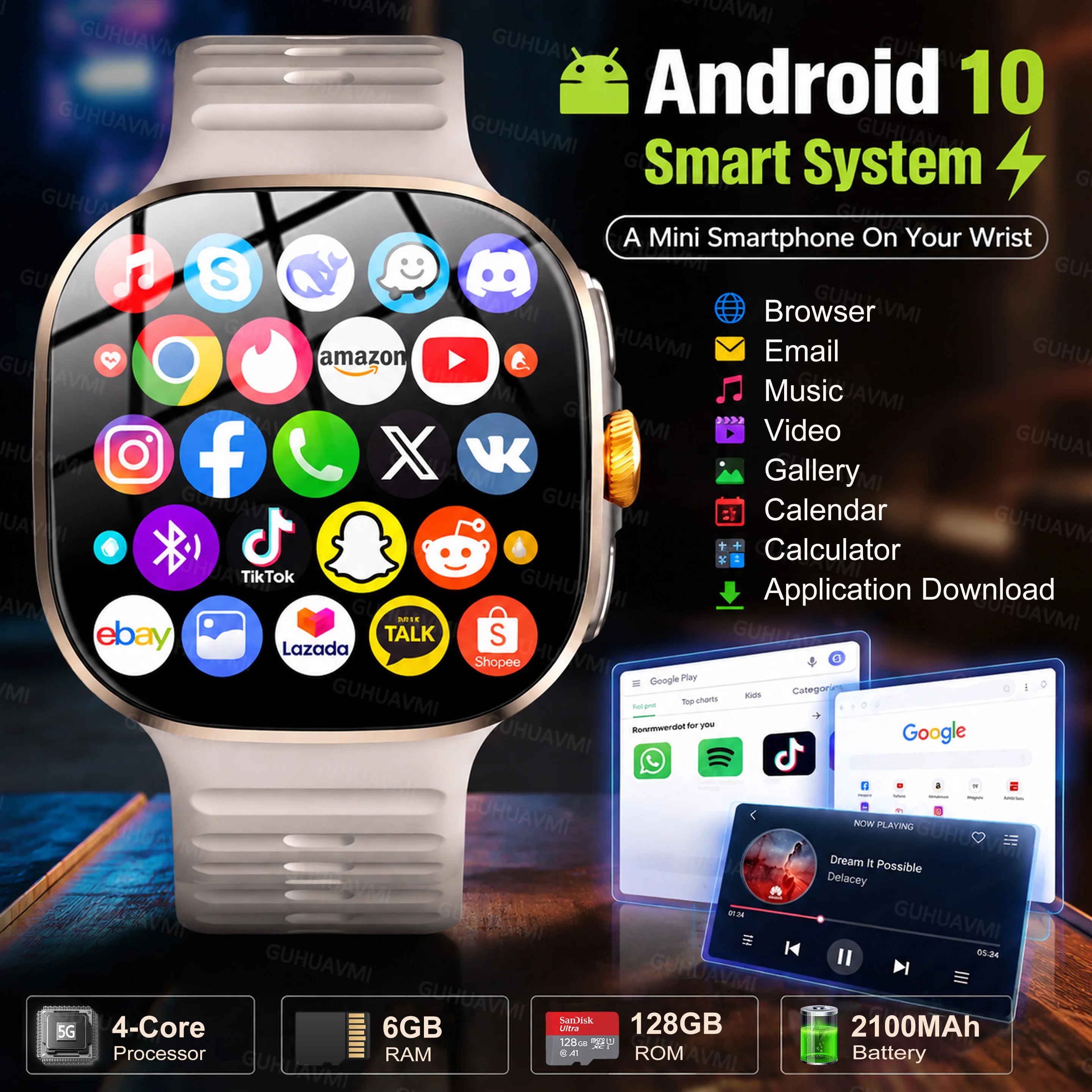 New 4G/5G Smart Watch 2.4-inch 720*720 Amoled Android 10.0 1000W Camera GPS WIFI SIM Card 2100Mah Battery Smart Watch Men Women
