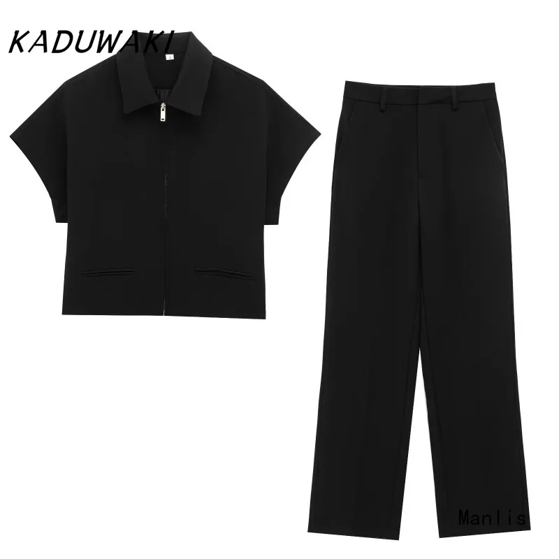 

KADUWAKI Casual Set for Women Summer Slim Lapel Zipper Short Sleeve Coat Top Wide Leg Pants Two Piece Set Leisure Black 트위드 투피스