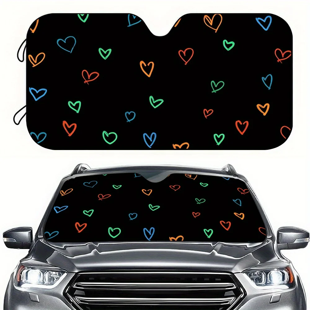 A Car Sunshade With A Black Background And Colorful Heart Pattern, Designed For The Front Windshield. Easy To Install, Suitable