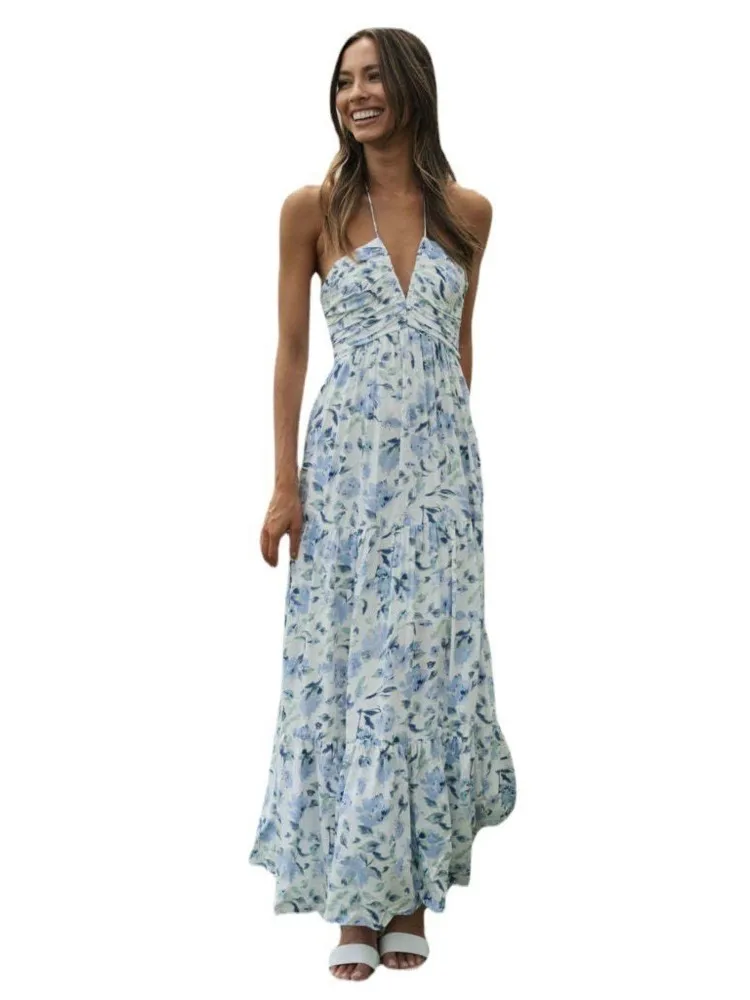 レディース サマー新作 ホルターネック Vネック ノースリーブ 花柄 フローイ Aライン マキシ丈ワンピース ボヘミアン バックレス パゲッティストラップ ロング ビーチドレス