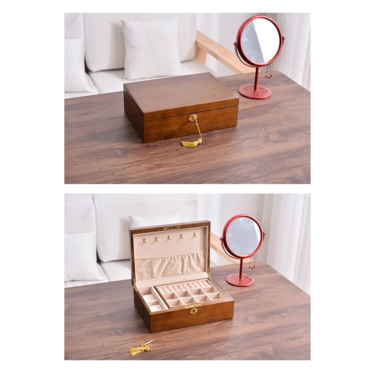 ABQR Деревянная винтажная шкатулка для хранения ювелирных изделий с запирающейся крышкой, шкатулка для драгоценностей из цельного дерева с откидной крышкой, большая вместимость, ящик для хранения с отделением