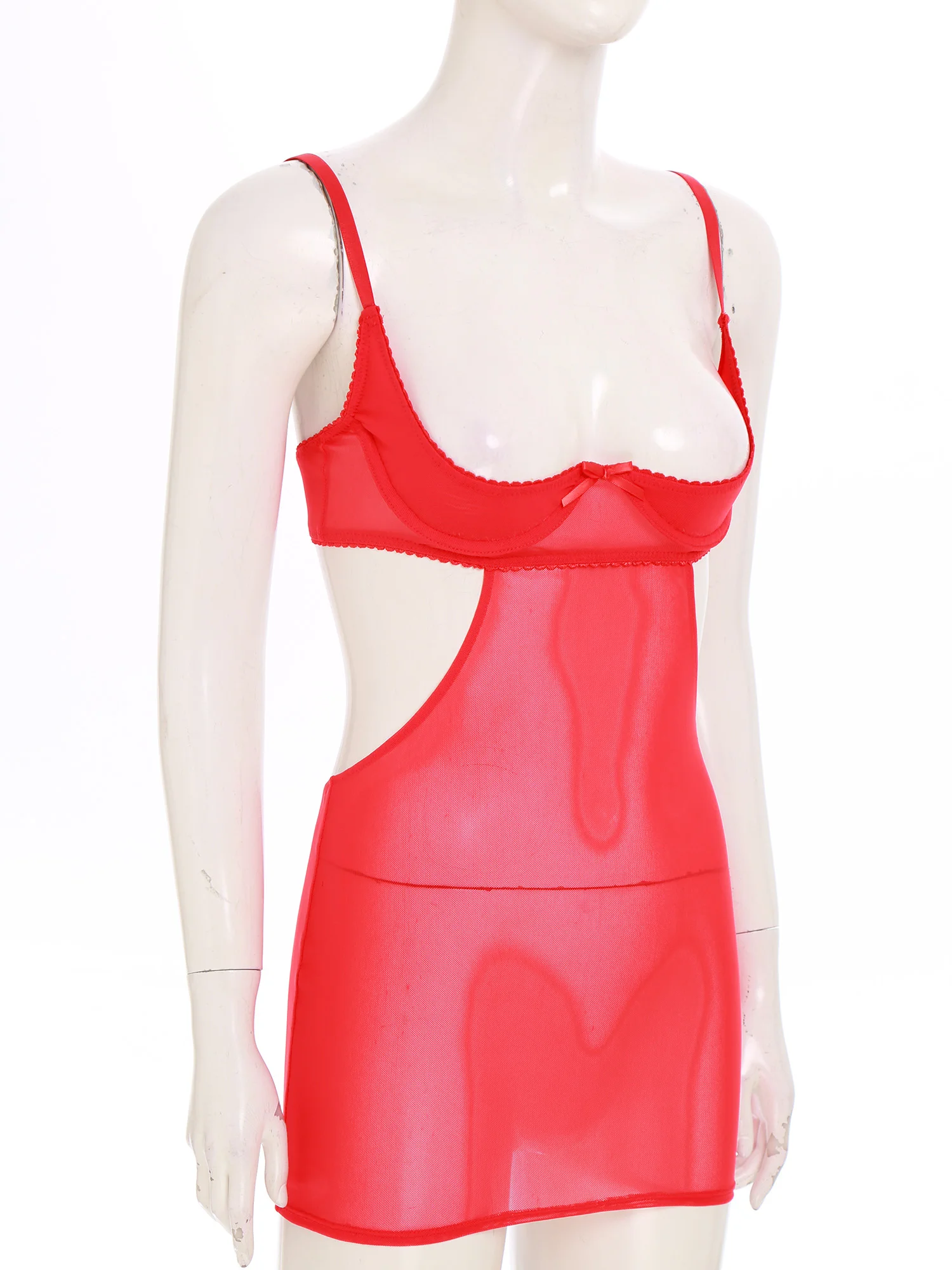 Womens Sheer Mesh Lingerie Jurk Zien Door 1/4 Cup Beugelbeha Bodycon Mini Jurk Strik Spaghettibandjes Babydoll Jurk