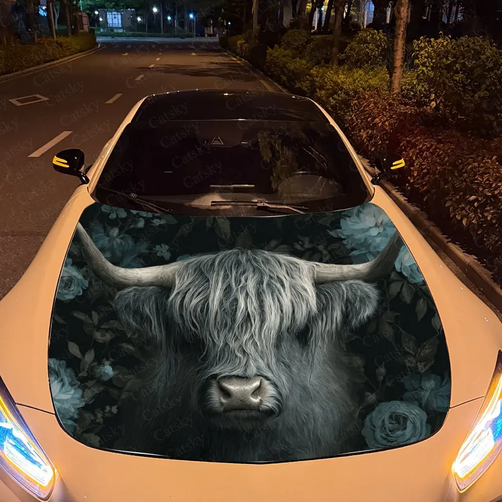 ملصقات غطاء السيارة Blue Rose Highland Cattle، سهلة الإزالة ومتينة لقطع غيار السيارات، ملصقات غطاء محرك السيارة من مادة PVC، وات ذاتية اللصق #5