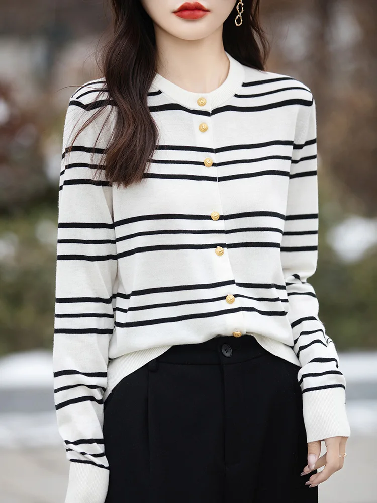 

New Fall Winter Wool Cardigan Long Sleeve O-Neck Collar Sweater Stripe Pullover Women's Worsted Spinning Sweater Fashion Top