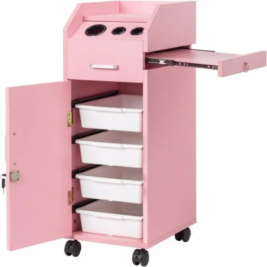 

Hair Salon Storage Cart with Wheels 3 Hair Dryer Holders 4 Drawers Lock 2 Keys Hairdressing Tools Station Mobile Makeup Case