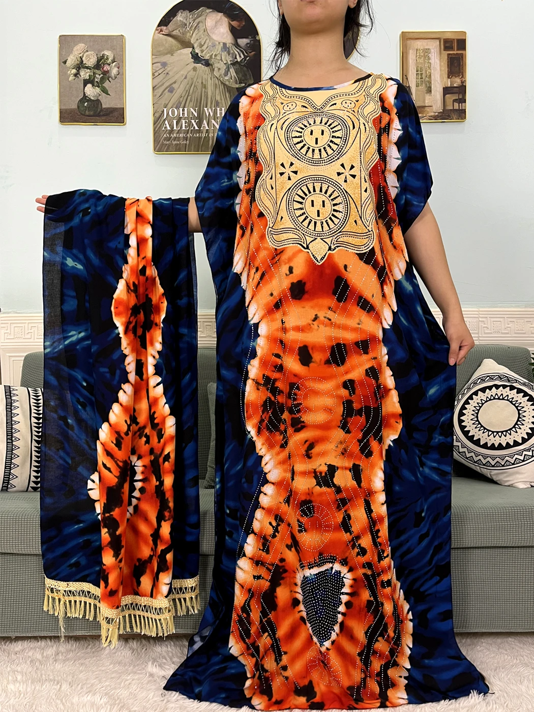 Muslim Abayas For Women Cotton Diamonds Printed Loose Caftan Marocain Femme Musulmane African Islam Dresses With 160x80cm Scarf