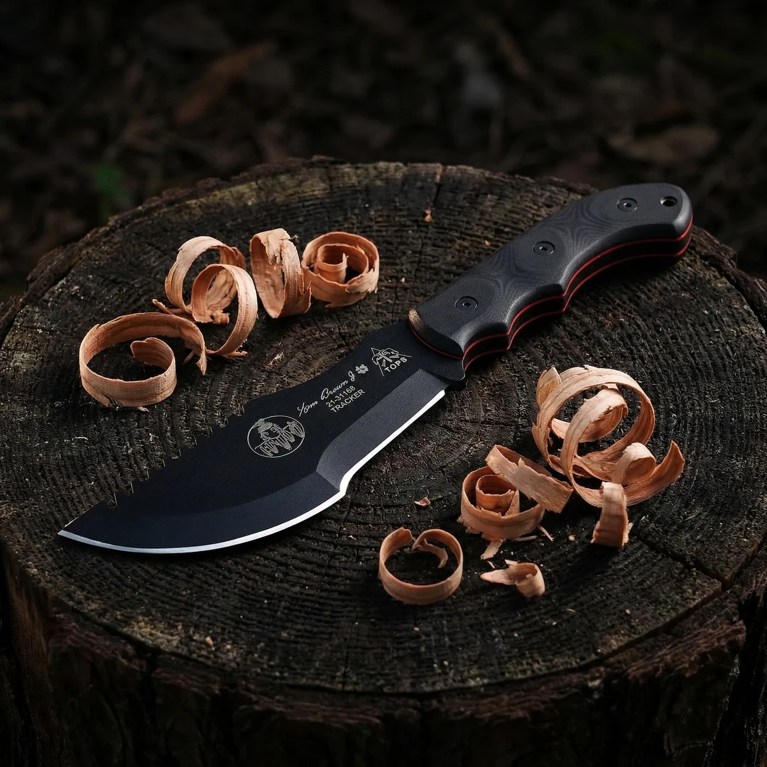

TOPS Tracker - Jungle Rescue Knife for the Outdoors, 1095 high-carbon steel, Micta handle, camping emergency knife