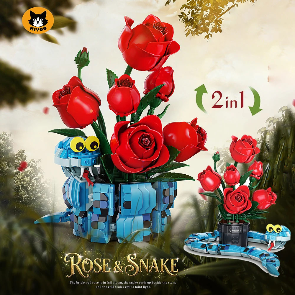 2 In 1 Rose & Snake Building Blocks Set DIY Red Rose Flower Bouquet & Snake Model BricksEducational Assembly Toy Gift for Adults