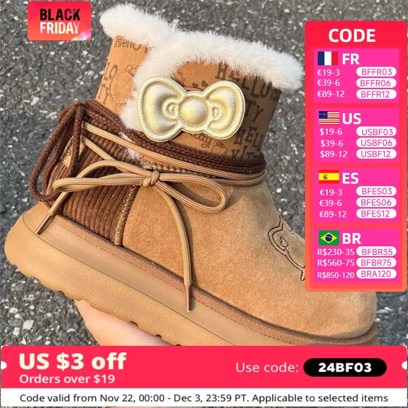 Hello Kitty Warm Soft Fur One Piece Snow Boots for Women with Thick Velvet and Anti Slip Thick Bottom Short Boots Christmas Gift