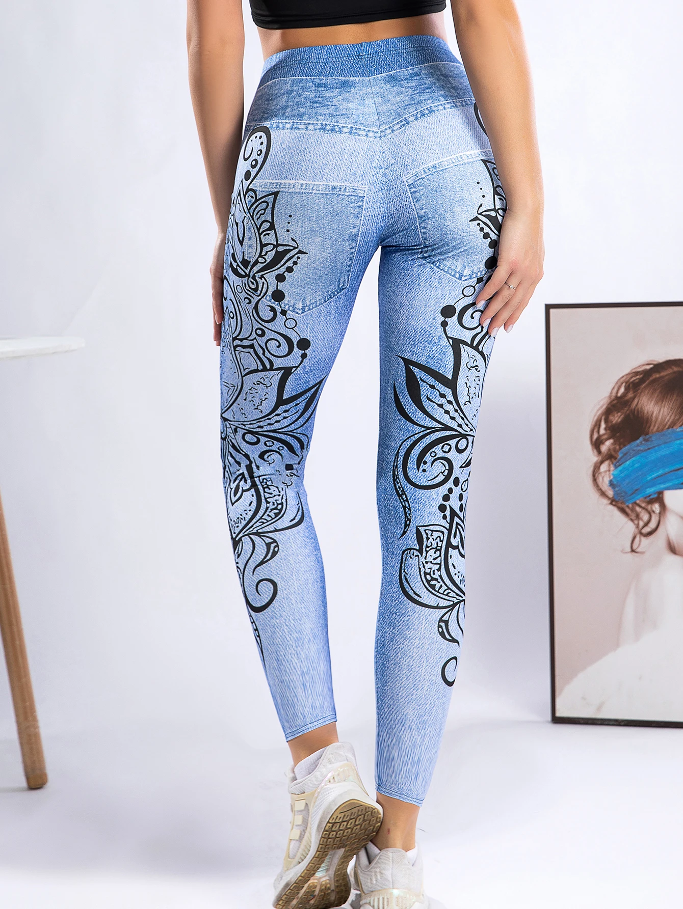 New Digital Printed High-waisted Imitation Denim Leggings For Women Europe And America Sexy High-stretch Tight Nine-point Pants