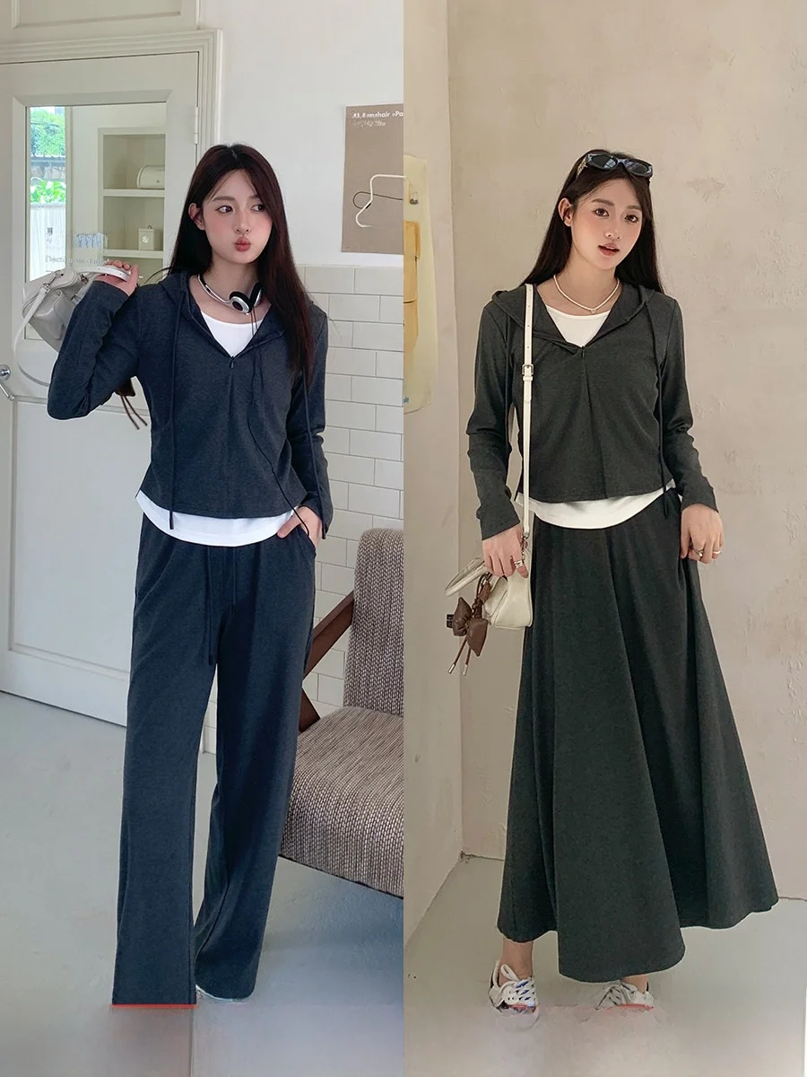 

Комплект трикотажной одежды Li Xiaolong: женский осенний повседневный костюм из свободных брюк и юбки, модный комплект из двух предметов больших размеров