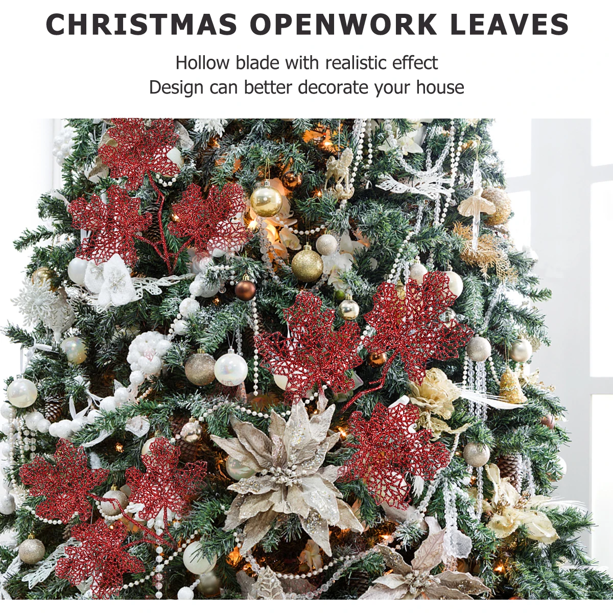 

5pcs Hollow Realistic Vivid Artificial Leaves Shining Plastic Decorative Leaves For Christmas Wedding Party Home Shop Decoration