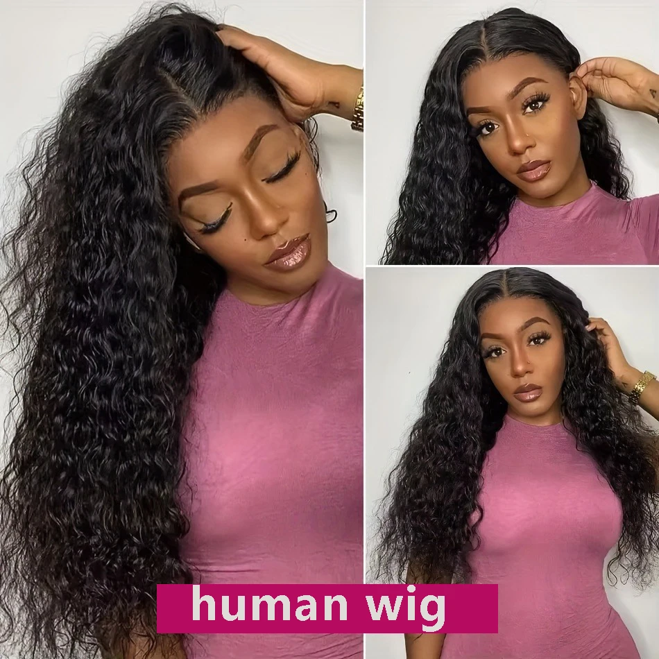 Pelucas delanteras de encaje rizado 13*4, cabello humano prearrancado con pelo de bebé, pelucas de encaje transparente HD de onda profunda para mujeres hasta un largo negro