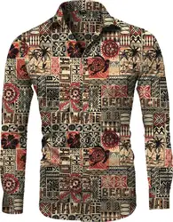 Men's Shirt Regular Lapel Shirt Men's 3D Printing Hawaiian Tribal Stitching Casual Street Long Sleeve Fashion Printed Shirt