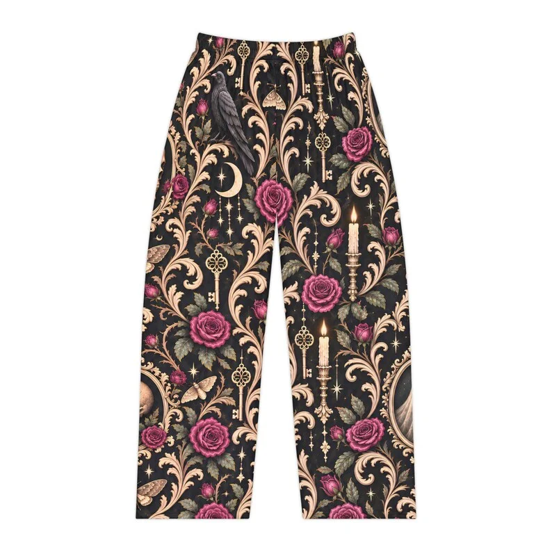 Gothic Rose Skull Wide Leg Pants Retro Baroque Ghost Crow Candle Print Halloween Dark Academy Style Casual Pants