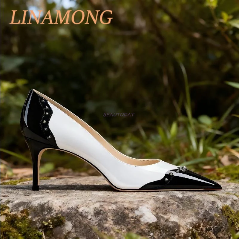Riveted High Heels Color Blocking and Leather Splicing Design Fashionable and Simple One Foot Toe Pointed Slim High Heels