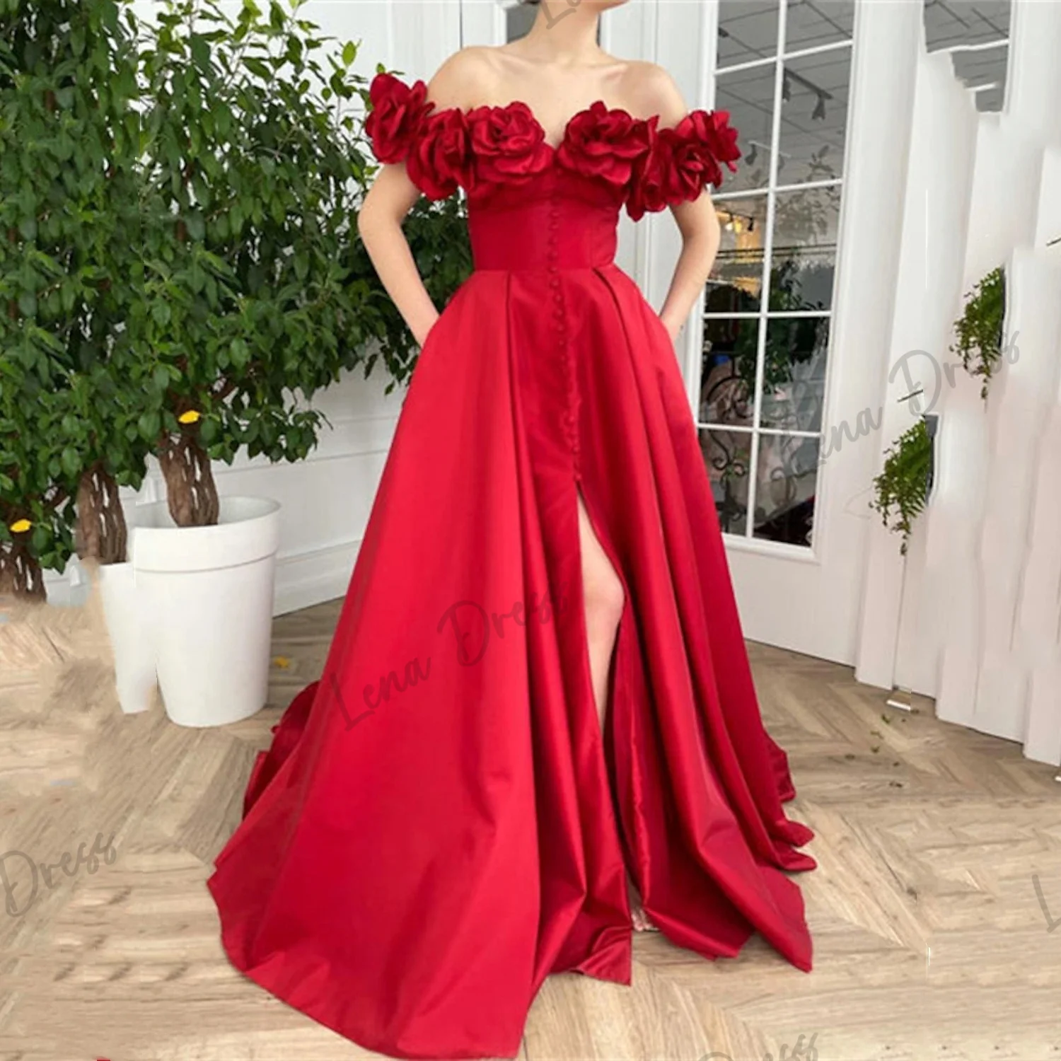 

Lena-Red Taffeta Prom Dress Off Shoulder A-line Evening Dress Split Handmade Flower Button Long Formal Party Dress