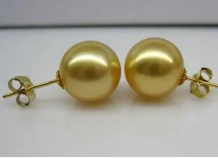 

noble jewelry charming 9.5-10mm natural Australian south sea golden pearl earrings 14k