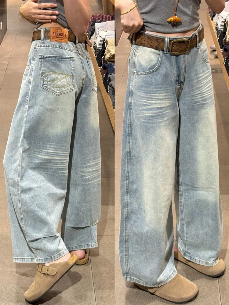 

American Style Light Wash Retro Straight Leg Jeans Women's Spring New Large Size Loose Wide Leg Pants High Waist Slimming