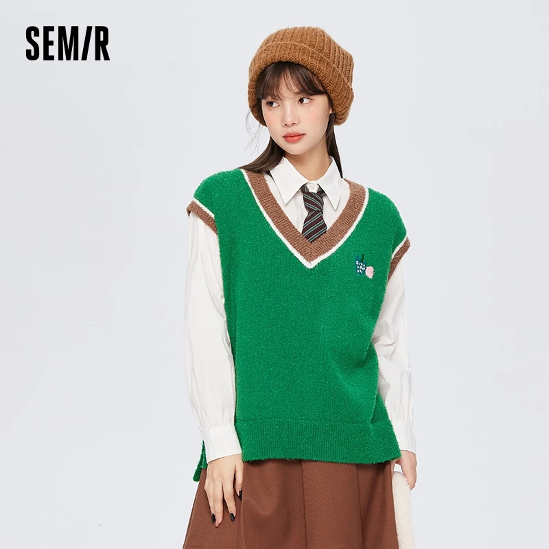 Semir Vest Women V-Neck Contrast Color Embroidery Top Temperament 2024 Winter Top Loose Overlay Retro Pullover Shirt